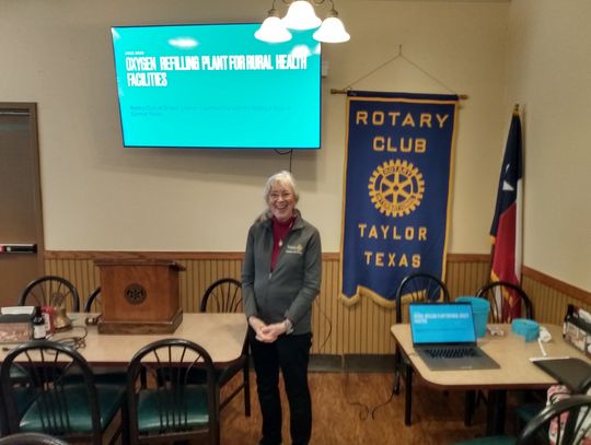 Joan Bohls, a board member and past president of the Rotary’s E-Club Central Texas chapter, was a featured speaker at the regular meeting of the Rotary Club of Taylor Dec. 29. Both chapters are partnering to fund an oxygen regeneration plant in Liberia. Courtesy photo by the Rev. George Qu...