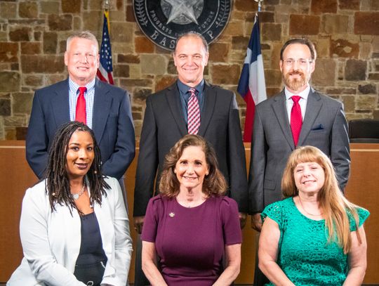 The Bastrop City Council will have at least one new face in May. Currently council members are, above, from left, Jimmy Crouch, Kevin Plunkett and John Kirkland; and bottom, from left, Cheryl Lee, Mayor Connie Schroeder and Mayor Pro-Tem Drusilla Rogers. Courtesy photo