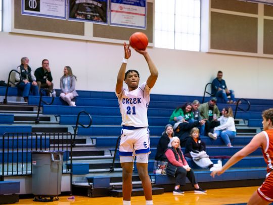 Cedar Creek High School boys varsity basketball junior Kenji Franklin (21) shoots a jumper Thursday, Nov. 30 during the Eagles’ tournament game against Round Rock Westwood High School. Photo courtesy of Bastrop ISD