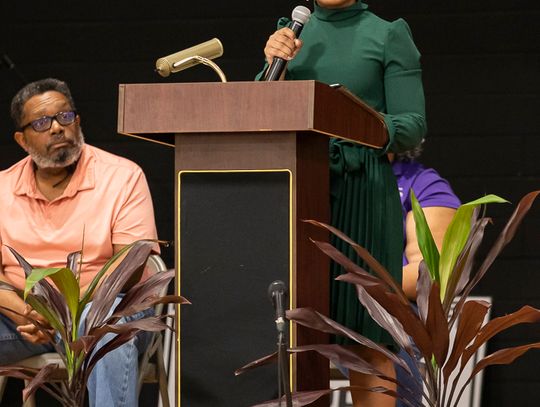 EHS senior Ralyssa Enueshike delivers a moving speech at BTW Elementary School on MLK Day. Photo by Erin Anderson.