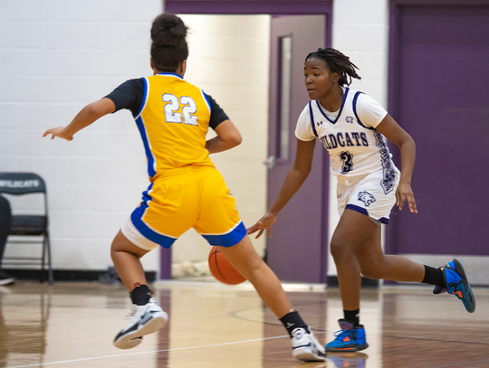 Elgin High School girls varsity basketball sophomore Sharmonique Williams (3) dribbles the ball upcourt Dec. 5 during the Lady Wildcats’ district home game against Pflugerville High School. Photo by Marcial Guajardo