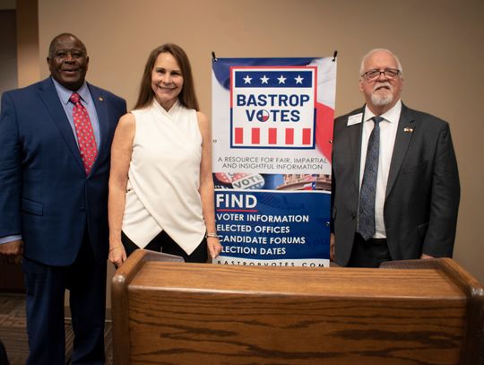 (From left) Dock Jackson, Deborah Jones and Lyle Nelson relax after their candidate forum in the Bastrop Chamber of Commerce's Bastrop Votes event in Bastrop April 18.   Facebook / Bastrop Chamber of Commerce