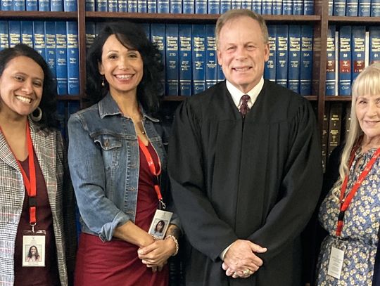 New CASA volunteers, Kanchana Iyer, Rebecca Diaz and Tammy Harris, with Judge Benton Eskew. Photo Courtesy Rita Coduto 