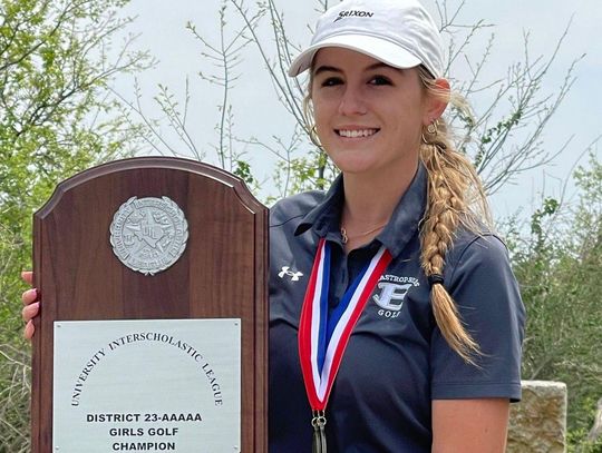 Bastrop High School varsity standout girls golfer Carly Sherman adds some hardware to her trophy case with a plaque after advancing to the state championship in regionals. Photos courtesy of the Bastrop ISD Facebook page