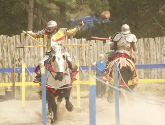 Lances shatter and fly into the air as the jousters of Knights of the Grail perform at the Sherwood Forest Faire in Paige March 5, 2022. Photo by Juilanne Hodges