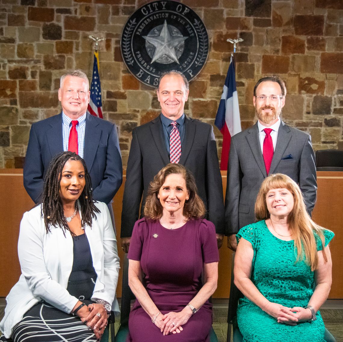 The Bastrop City Council will have at least one new face in May. Currently council members are, above, from left, Jimmy Crouch, Kevin Plunkett and John Kirkland; and bottom, from left, Cheryl Lee, Mayor Connie Schroeder and Mayor Pro-Tem Drusilla Rogers. Courtesy photo