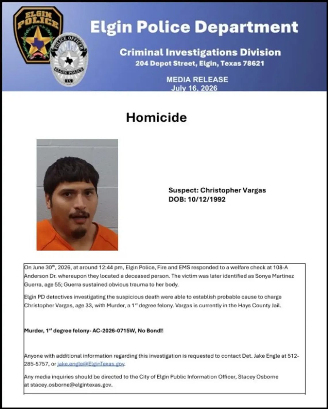 Elgin PD names suspect in June 30 murder Elgin PD names suspect in June 30 murder