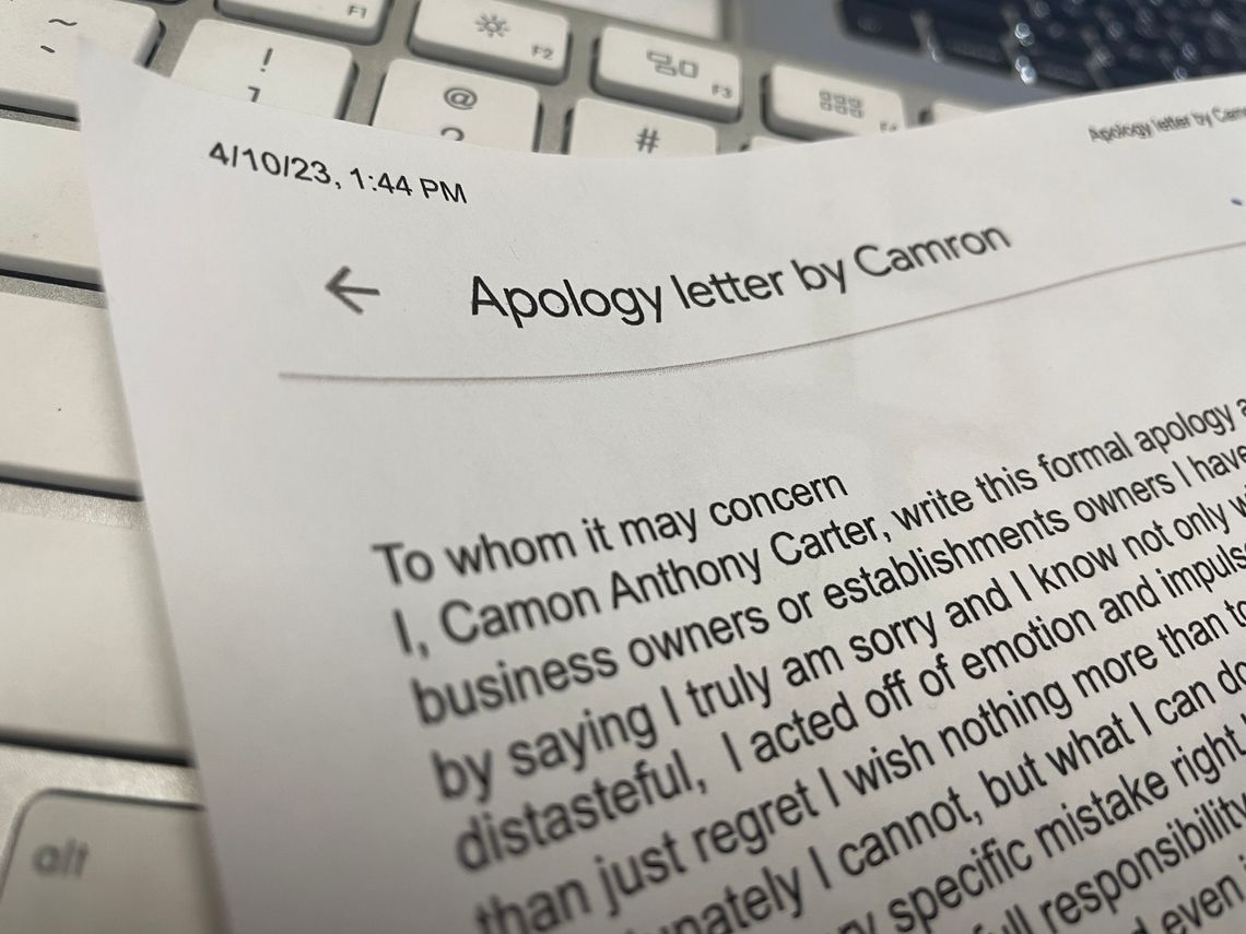 This apology letter was sent to business owners and others in downtown Elgin in April. Photo by Fernando Castro