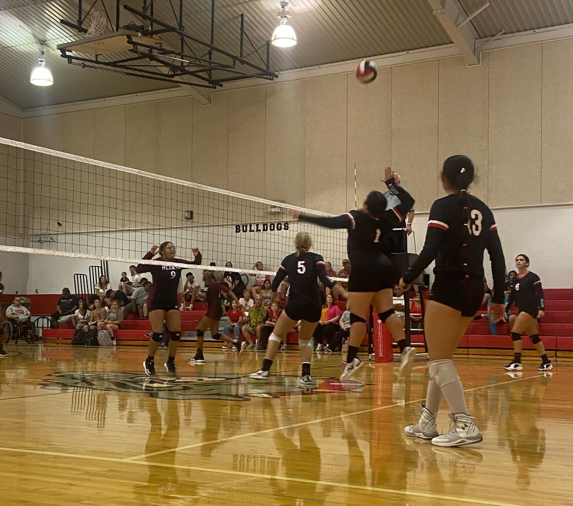 McDade High School varsity volleyball senior Steffanie Zavala (1) goes up high to spike the ball on Aug. 29 during the Lady Bulldogs’ home match victory against Hearne High School. Photo courtesy of Aaron Hallford