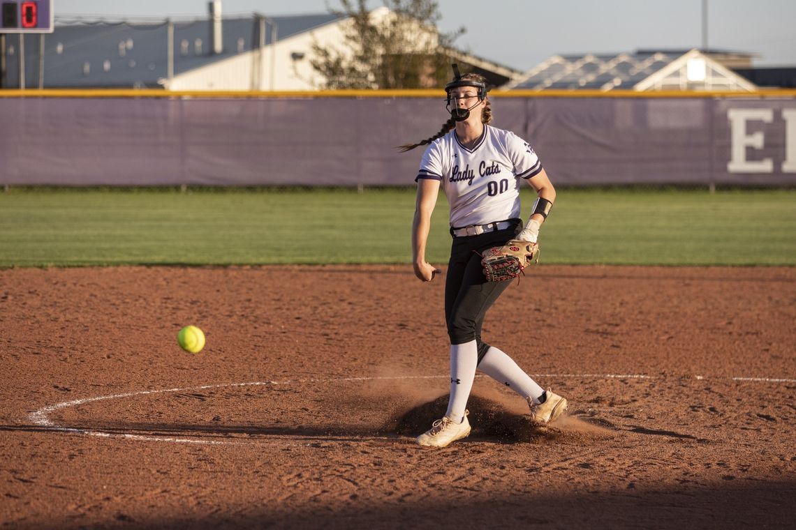 Elgin pitcher Jessica Cantrell delivering a strike to the batter standing at the plate. Photo by Erin Anderson