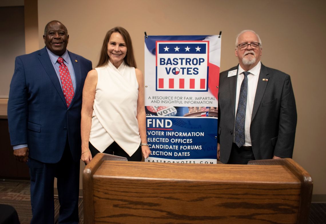 (From left) Dock Jackson, Deborah Jones and Lyle Nelson relax after their candidate forum in the Bastrop Chamber of Commerce's Bastrop Votes event in Bastrop April 18.   Facebook / Bastrop Chamber of Commerce