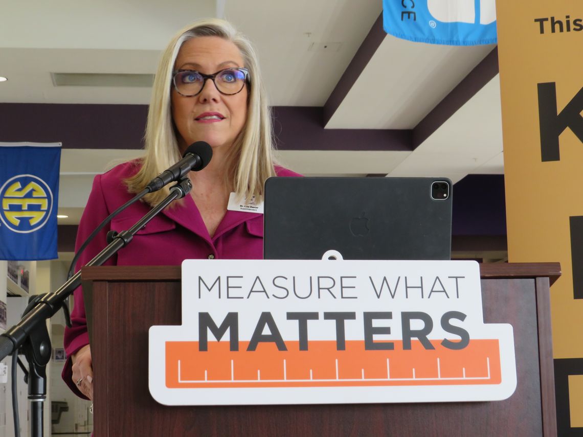 Superintendent Jana Reuter speaks during a press conference with Raise Your Hand Texas in Elgin Feb. 17. Photo by Fernando Castro