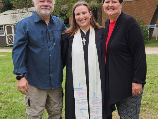 (From left) Larry Williams, Pastor Amy Meyer Judy Matetzschk-Campbell stand in the footprint of its new building to be grant funded with help from Bastrop County. The trio were members of the congregation's commission who worked hand-in-hand with Grantworks on the building project. Courtes...