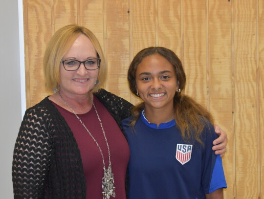 Summer Jacobs (right) and her mom, Stacey Jacobs, can hardly contain their excitement after Summer was invited to the Under-15 Women’s National Team Talent ID Camp. Photo by Quinn Donoghue