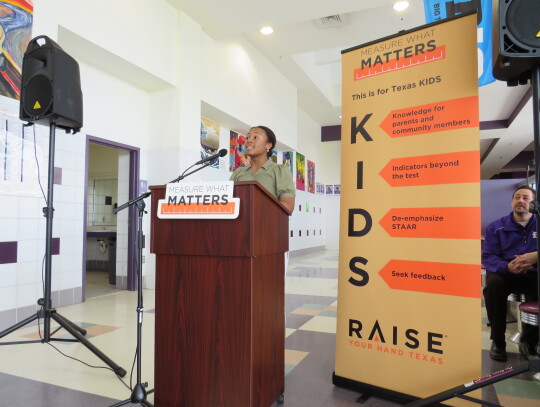 Ralyssa Enueshike describes her qualms about STAAR testing during a press conference with Raise Your Hand Texas in Elgin Feb. 17. Photo by Fernando Castro