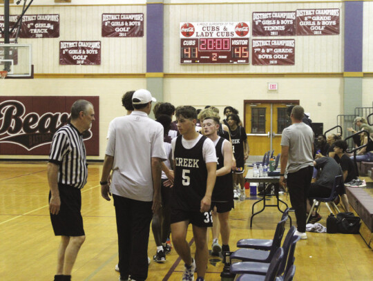 The Cedar Creek High School boys varsity basketball team shakes hands with Bastrop High School on June 26 following a 45-41 victory in a summer league scrimmage in Bastrop. Photo by Andrew Salmi