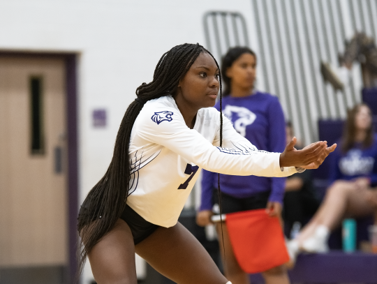 Lady Wildcats varsity volleyball senior Avanity Pleasant locks in defensively on Aug. 25 during Elgin’s home match vs. Meridian World School. Photo by Marcial Guajardo