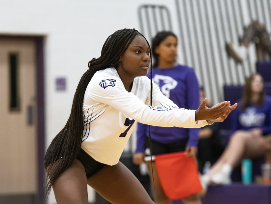 Lady Wildcats varsity volleyball senior Avanity Pleasant locks in defensively on Aug. 25 during Elgin’s home match vs. Meridian World School. Photo by Marcial Guajardo