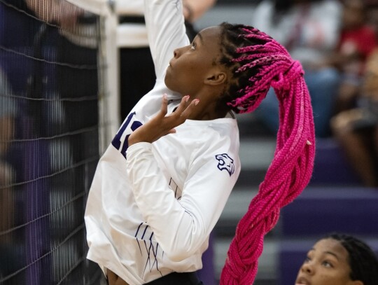 Lady Wildcats varsity volleyball junior Sabra Baker goes up to spike a ball at the net Aug. 25 during an Elgin home match vs. Meridian. Photo by Marcial Guajardo