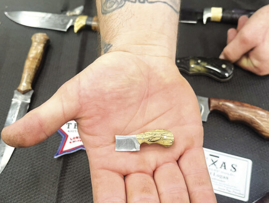 One of Rob Logan’s intricate tiny knives. Photo by Niko Demetriou