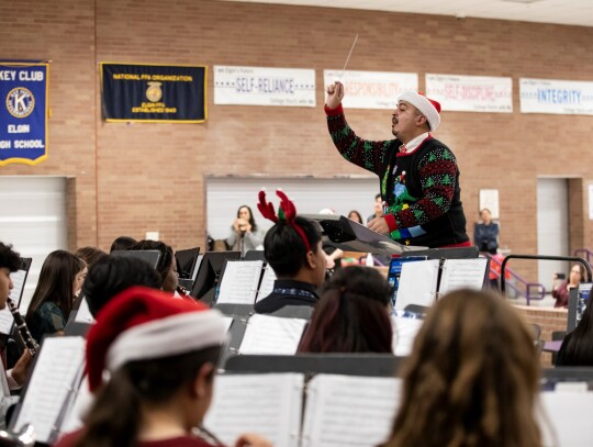 Elgin High School Band Director Armando Martinez in his holiday sweater for the Christmas Concert. Photo courtesy Erin Anderson   