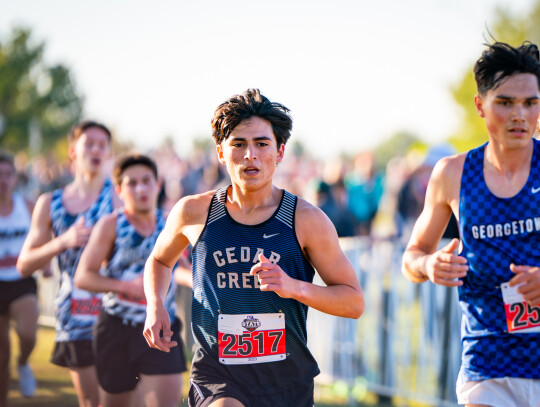 Cedar Creek High School boys varsity cross country senior runner Alejandro Ruiz competes Nov. 3 during the 5A state meet held at Old Settlers Park in Round Rock. Photo courtesy of Bastrop ISD