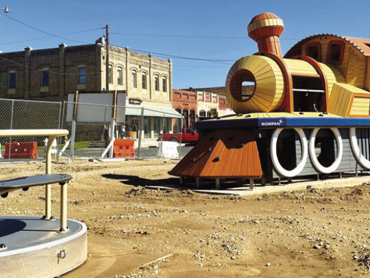 A nod to Elgin’s rich history, the Veterans Memorial Park expansion’s Kompan train play sculpture has been set. Photo by Niko Demetriou