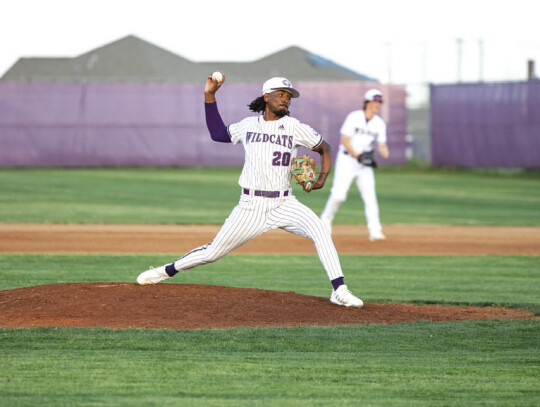 Elgin High School varsity baseball senior pitcher Nathen Lewis in action on the mound Wednesday, March 13 during the Wildcats’ district home game versus Georgetown East View High School. Photo by Erin Anderson